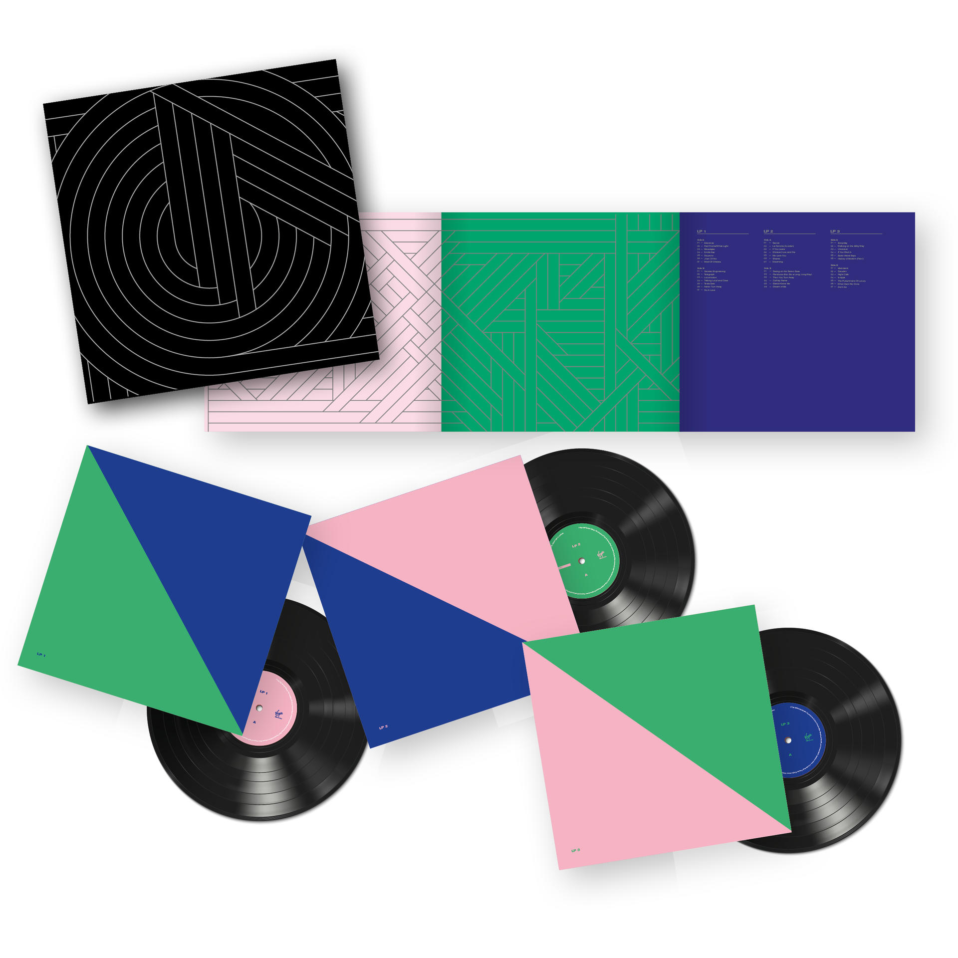 Drei Schallplatten und ihre Hüllen. Die Hüllen haben geometrische Muster in verschiedenen Farben.