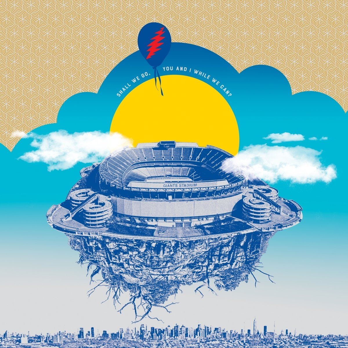 Een illustratie van een stadion, een zon en een ballon in een blauwe lucht met een skyline.