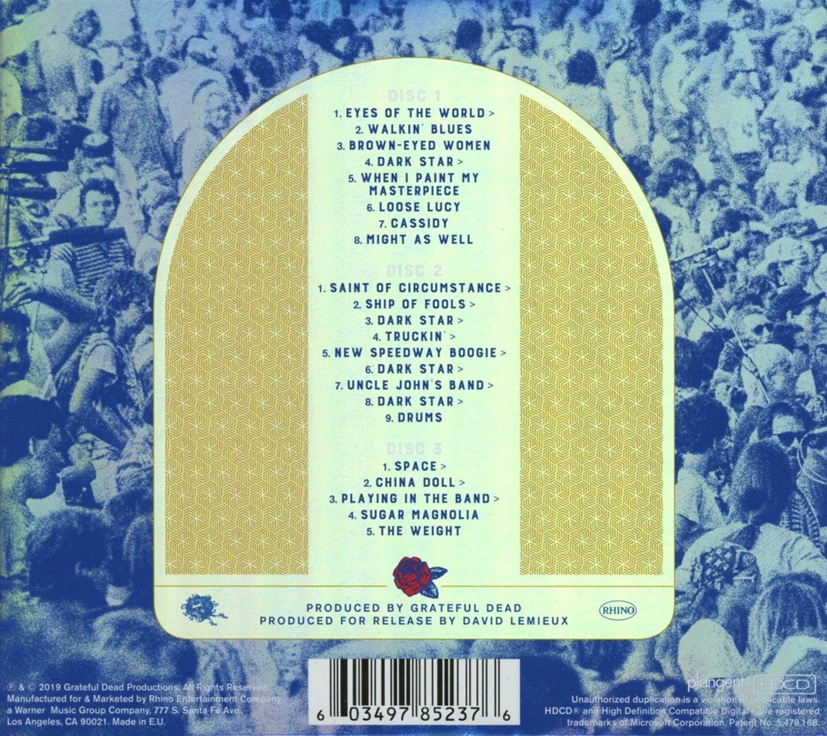 Achterkant van een Grateful Dead CD met tracklijsten voor drie schijven.