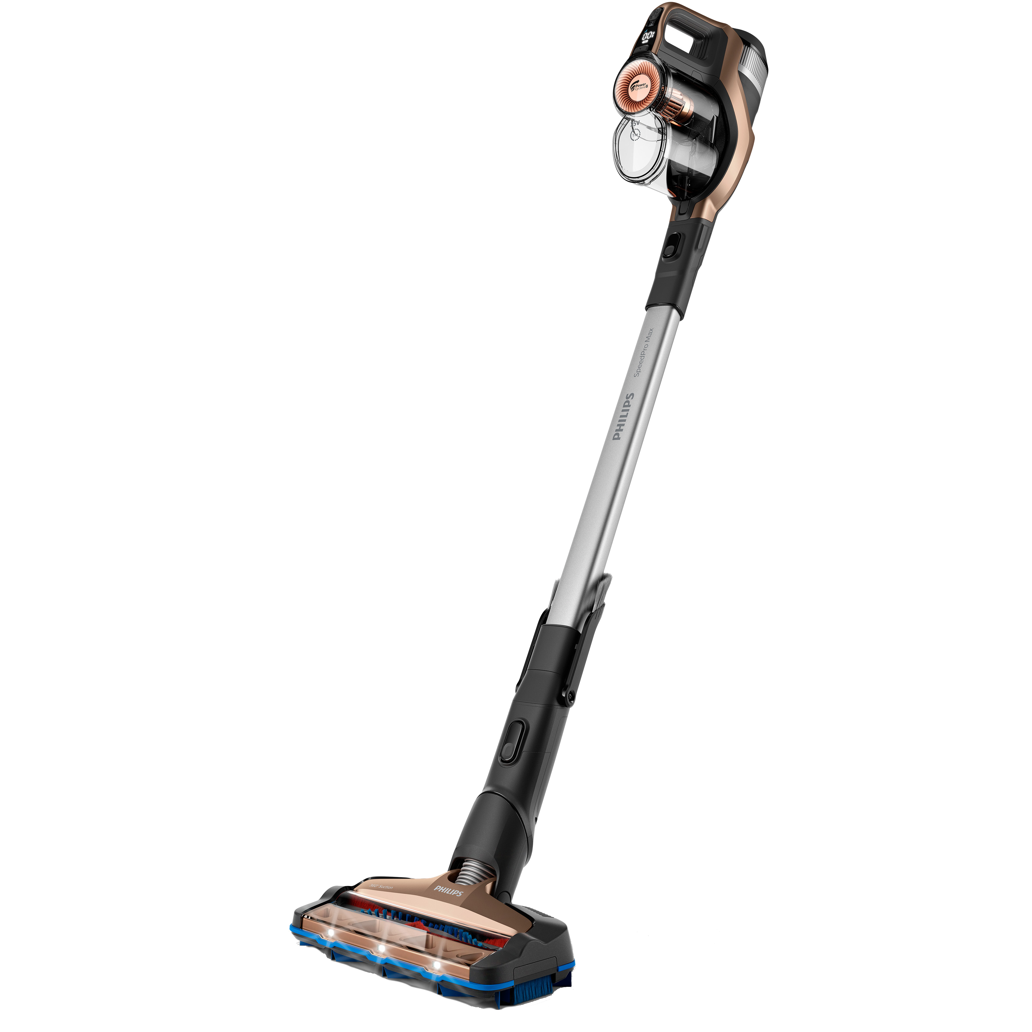 Draadloze stofzuiger, brons en zwart met zilveren handvat. Schuine weergave, zwarte achtergrond.