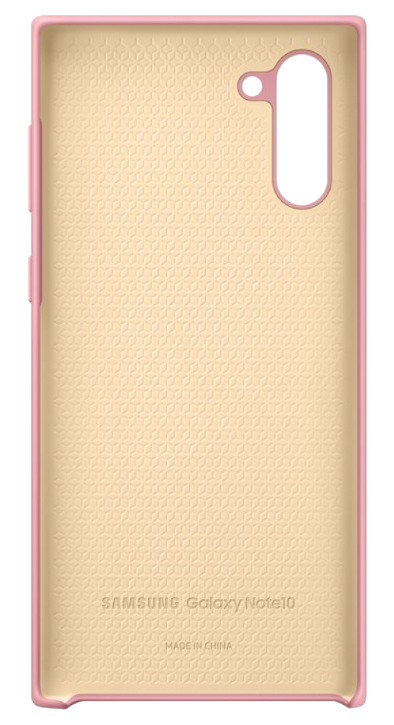 Rózsaszín telefontok belseje. Bézs textúrájú felület. Kivágások a kamerának és a gomboknak. Samsung Galaxy Note10 márka.