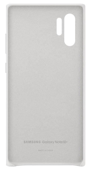 Világosszürke telefontok Samsung Galaxy Note10+-hoz, kivágásokkal a kamerának, gomboknak és egy logóval alul.