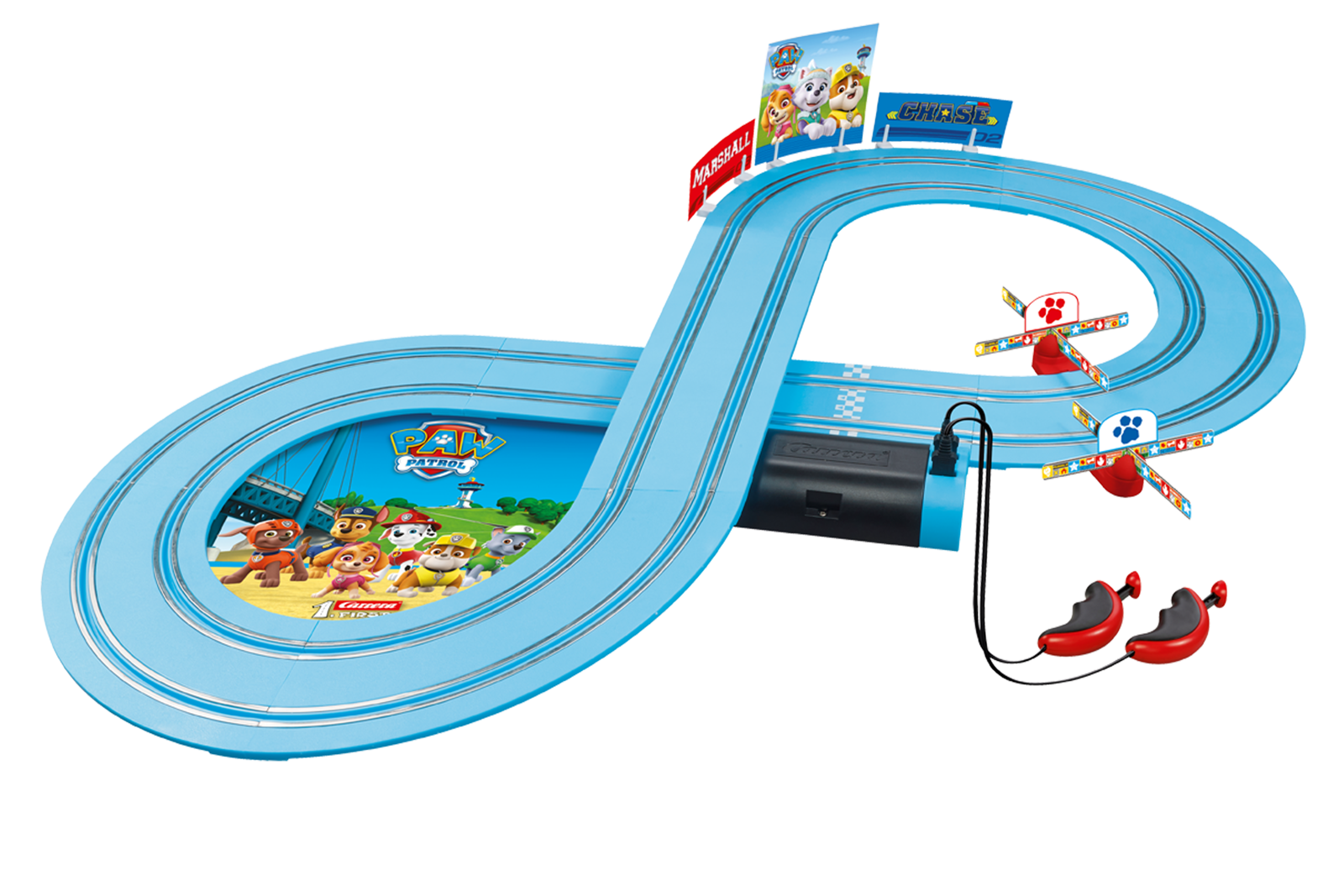Spielzeug-Rennstrecke im Achter-Design, blaue Bahnen und Paw Patrol Bilder.