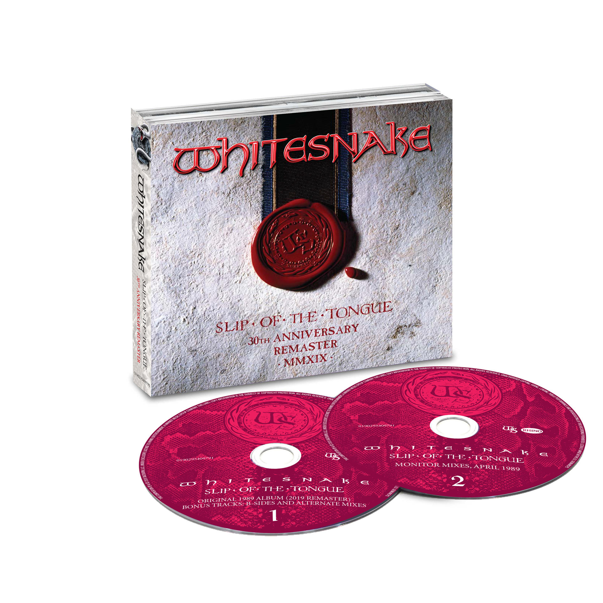 Whitesnake 'Slip of the Tongue' 30th Anniversary album in hoes, met cd's zichtbaar.