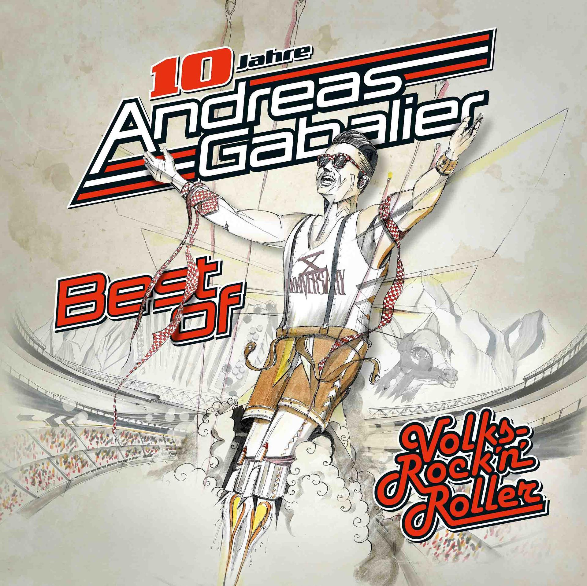 Mann mit Sonnenbrille und Basketballtrikot, Arme erhoben, mit Text '10 Jahre Andreas Gabalier' und 'Best Of'.