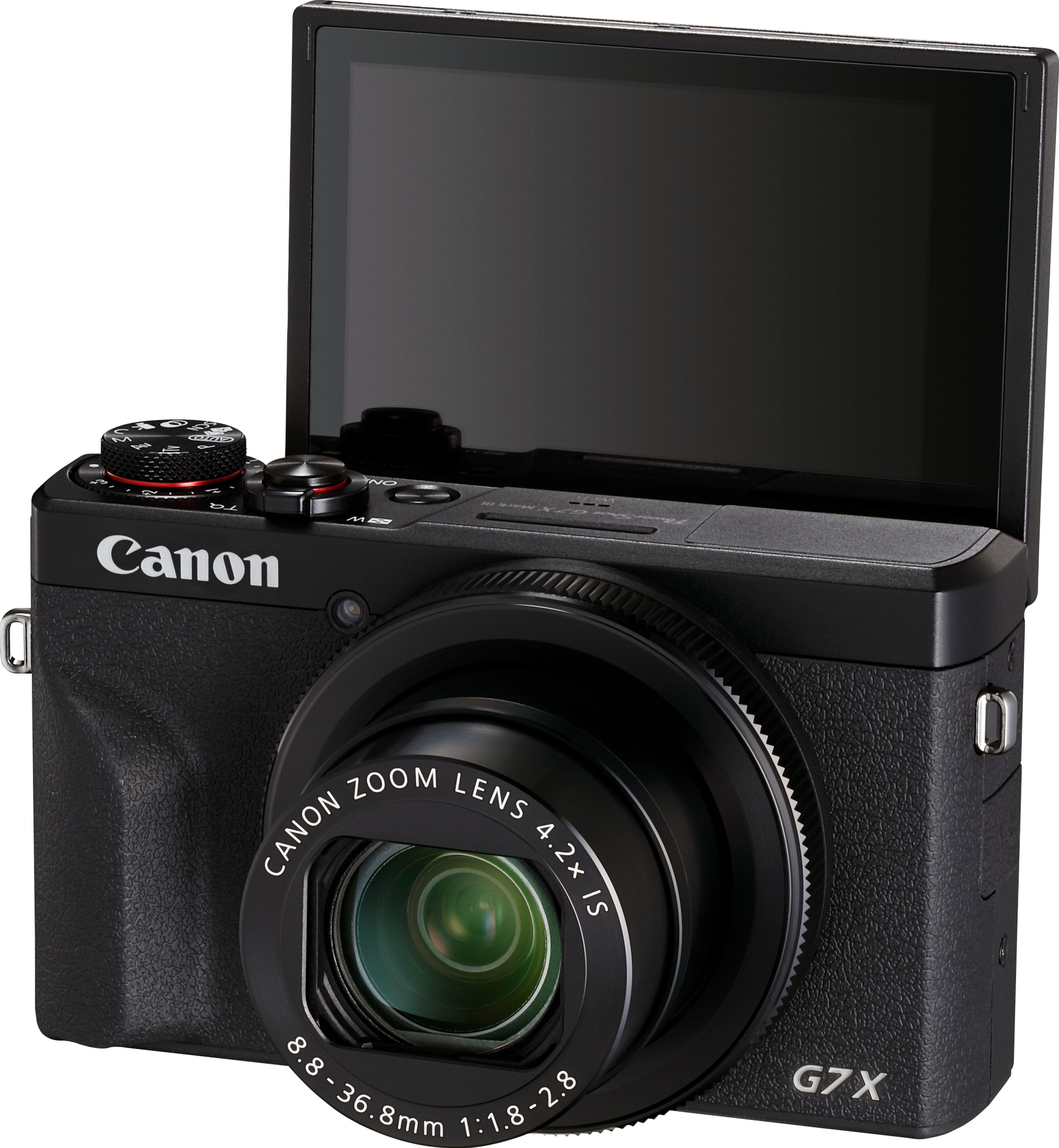 Fotocamera Canon nera con schermo inclinato. Obiettivo: Canon Zoom Lens 4.2x IS.