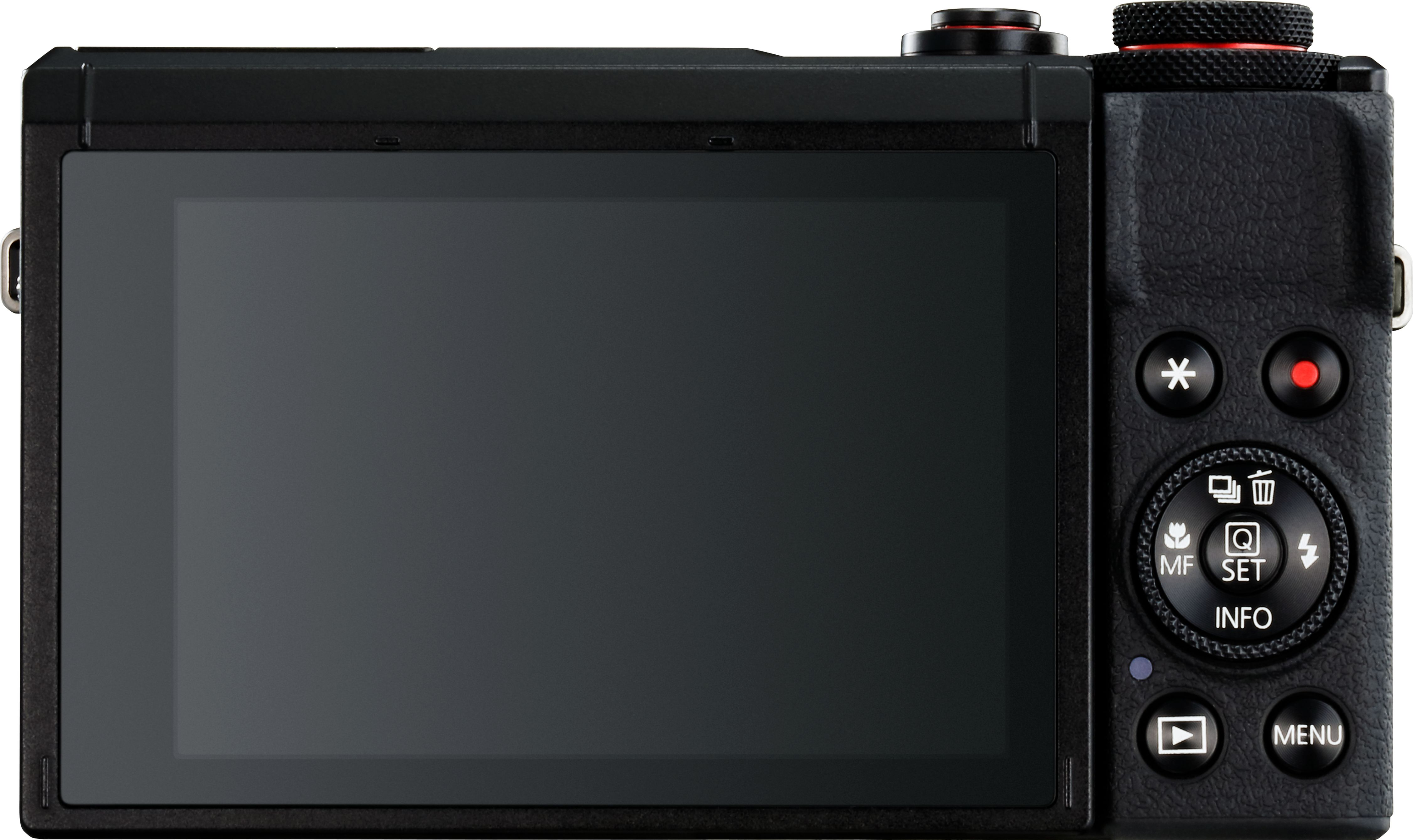 Fotocamera nera, vista posteriore, schermo e pulsanti visibili.