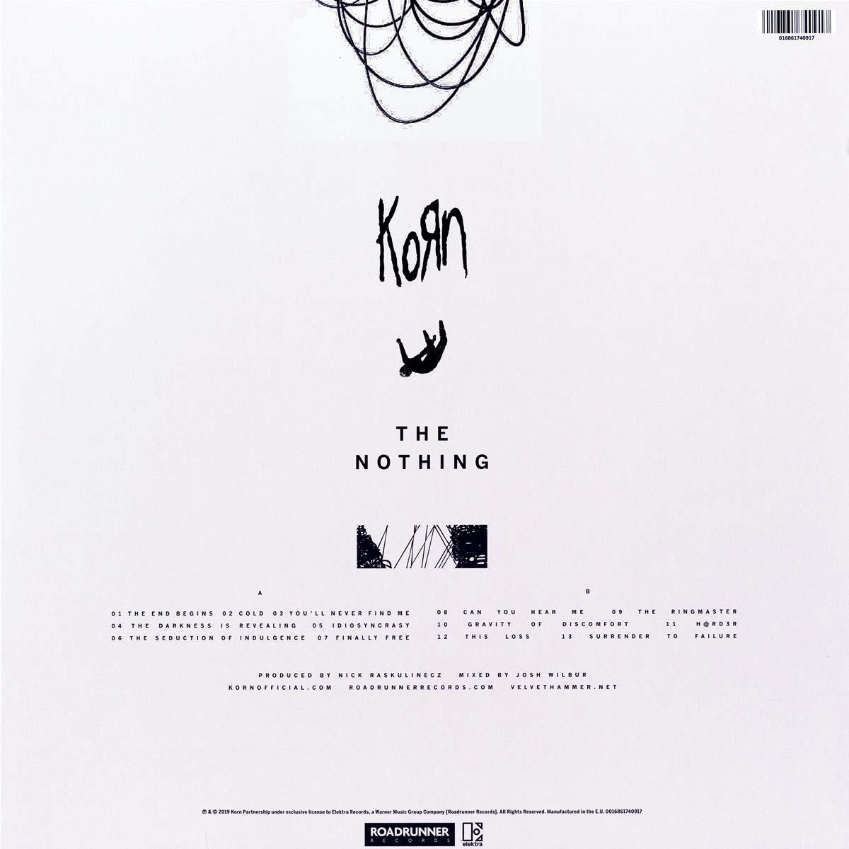 A Korn 'The Nothing' című albumának borítója. Fekete-fehér dizájn, a zenekar logójával és a számlistával. Eső alak és absztrakt művészet.