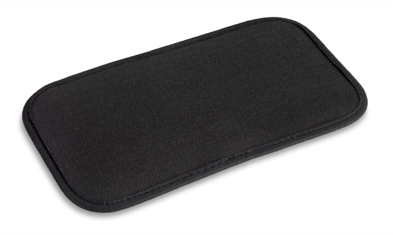 Coussin rectangulaire noir aux coins arrondis, sur fond blanc.