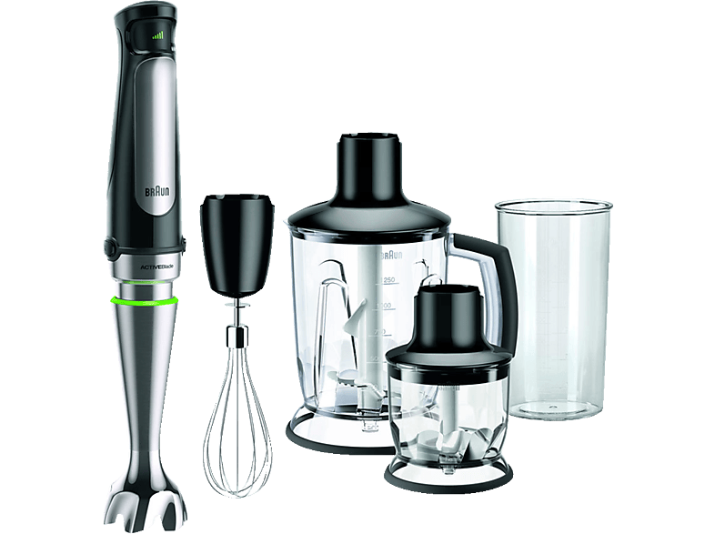 BRAUN MultiQuick 7 MQ 7045X, leistungsstarker Pürierstab mit Zubehör-Set, Stabmixer Premium Schwarz/Edelstahl (1000 Watt, 1.25 Liter Standmixer, 350 ml Kompaktzerkleinerer, 600 ml Mix- und Messbecher)
