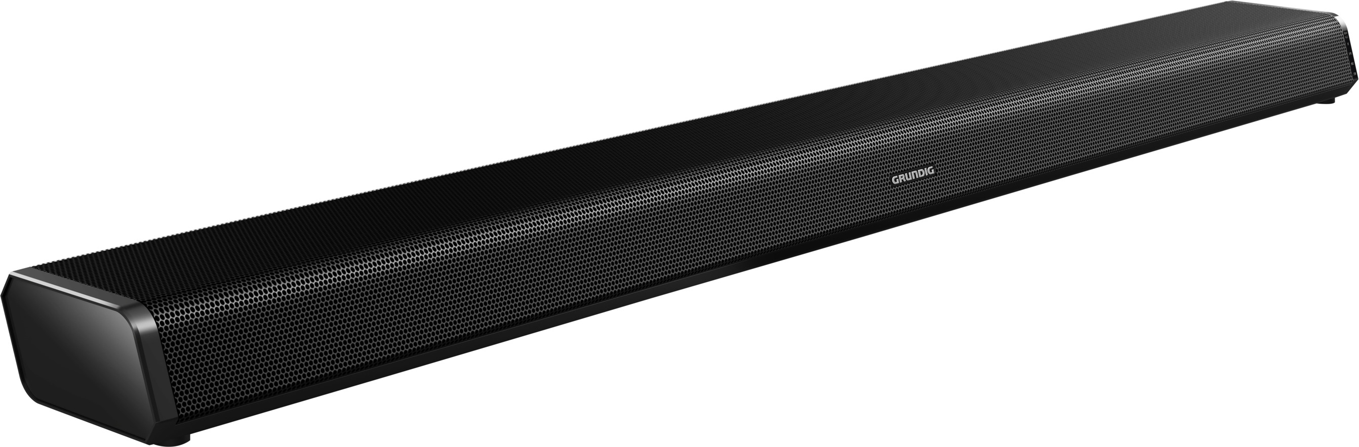 Schwarze Soundbar. Sie ist lang und rechteckig, mit einer Netzabdeckung. Der Markenname ist Grundig.