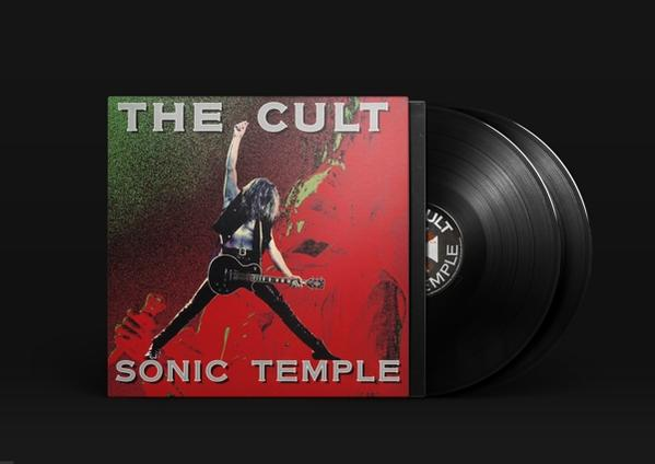 A The Cult Sonic Temple albumának borítója, a zenekar nevével és egy gitáros figurával.