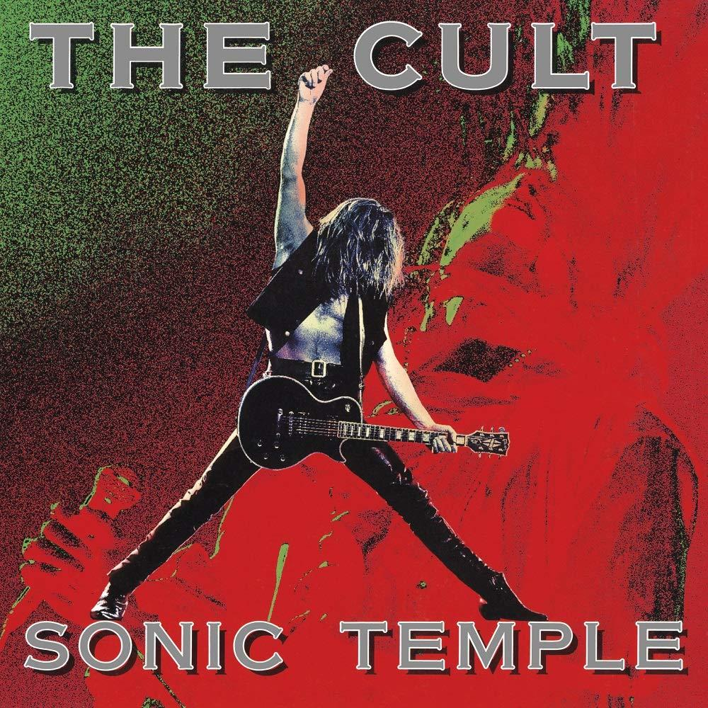 A The Cult album borítója. Fekete nadrágos figura gitárral, vörös háttérrel.