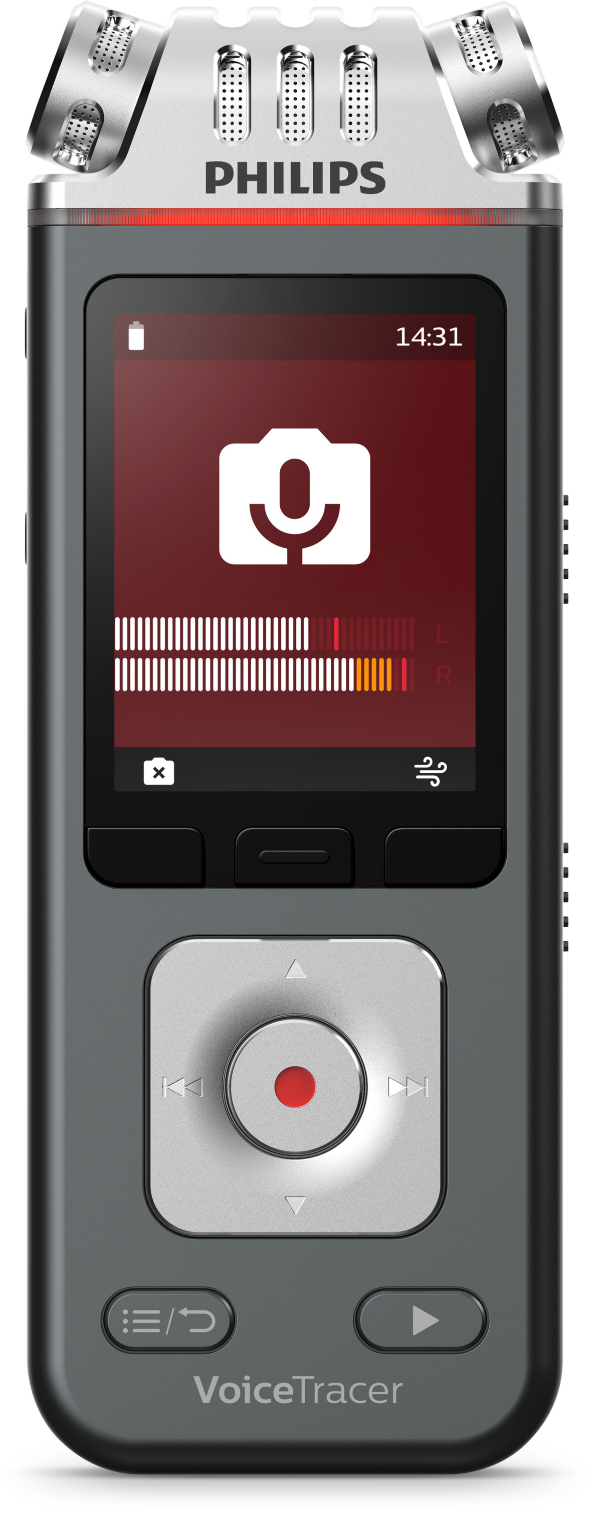 Ein graues Philips VoiceTracer-Aufnahmegerät mit Bildschirm, der ein Mikrofonsymbol und Aufnahmepegel anzeigt.