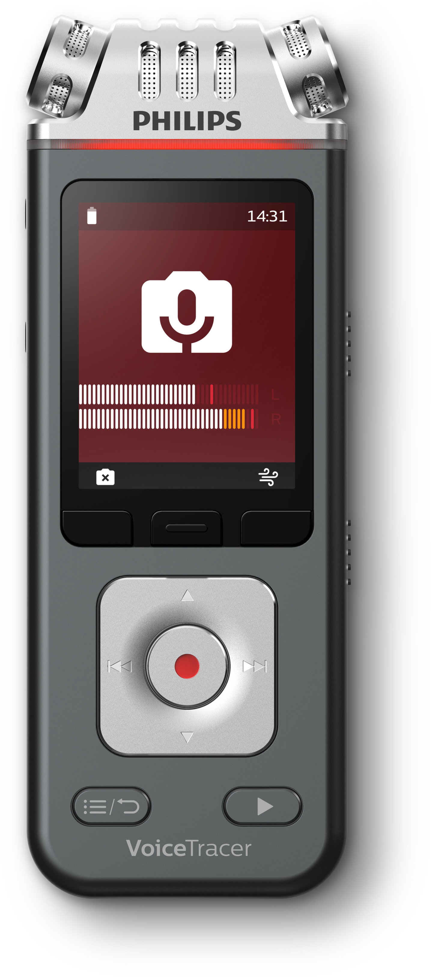 Grauer Philips VoiceTracer Recorder mit Bildschirm, der die Aufnahmeoberfläche und Steuertasten zeigt.