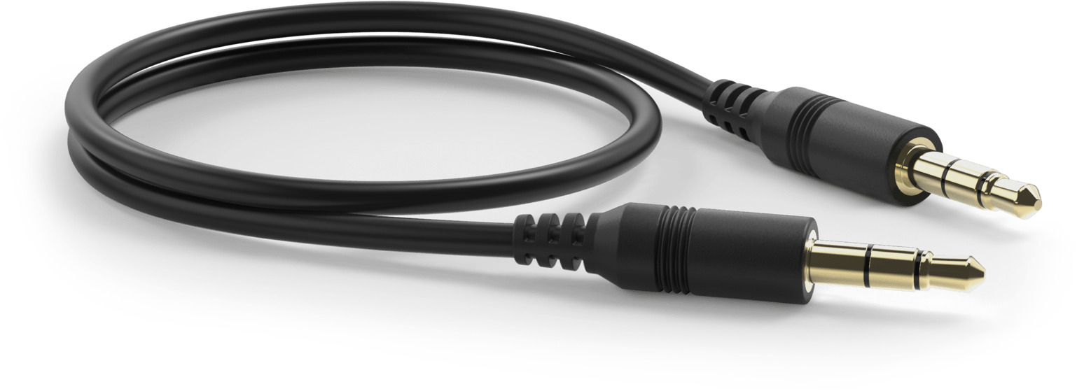 Schwarzes Audiokabel mit zwei 3,5-mm-Klinken, auf weißem Untergrund gerollt.