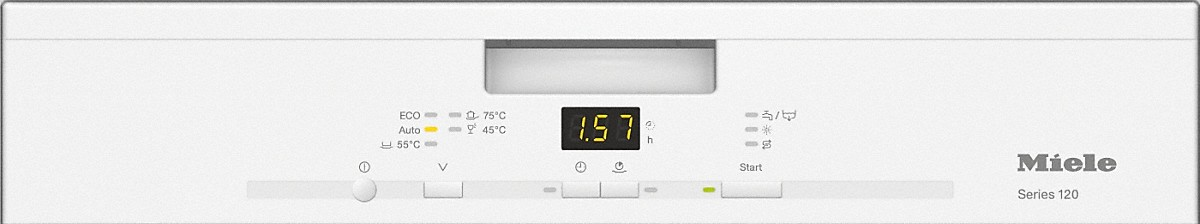 Fehér Miele 120-as sorozatú mosogatógép vezérlőpanel digitális kijelzővel, amely az időt és a beállításokat mutatja.