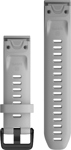 Zwei hellgraue Uhrenarmbänder mit QuickFit 20-Etiketten und einer schwarzen Schnalle.