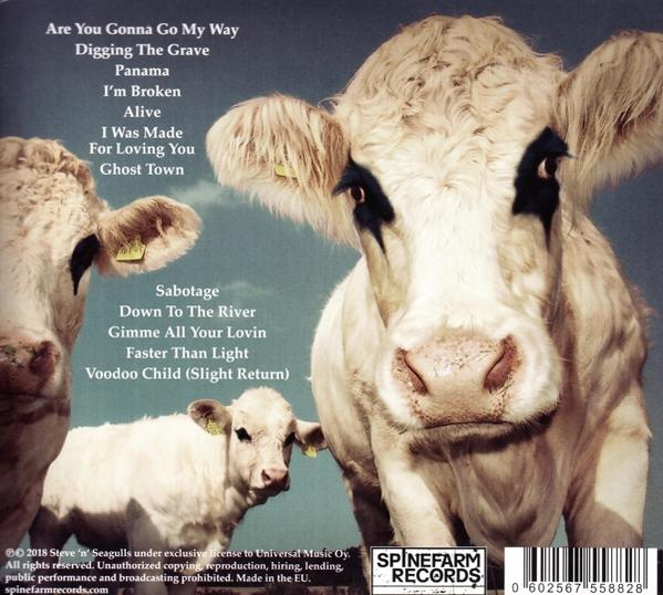 Album borítója, három fehér tehénnel. A szöveg tartalmazza a dalok címeit és a Spinefarm Records logóját.