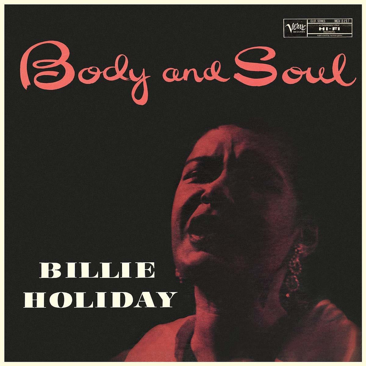 Pochette de l'album 'Body and Soul' : visage de Billie Holiday, couleurs rouge et noir, et titre.
