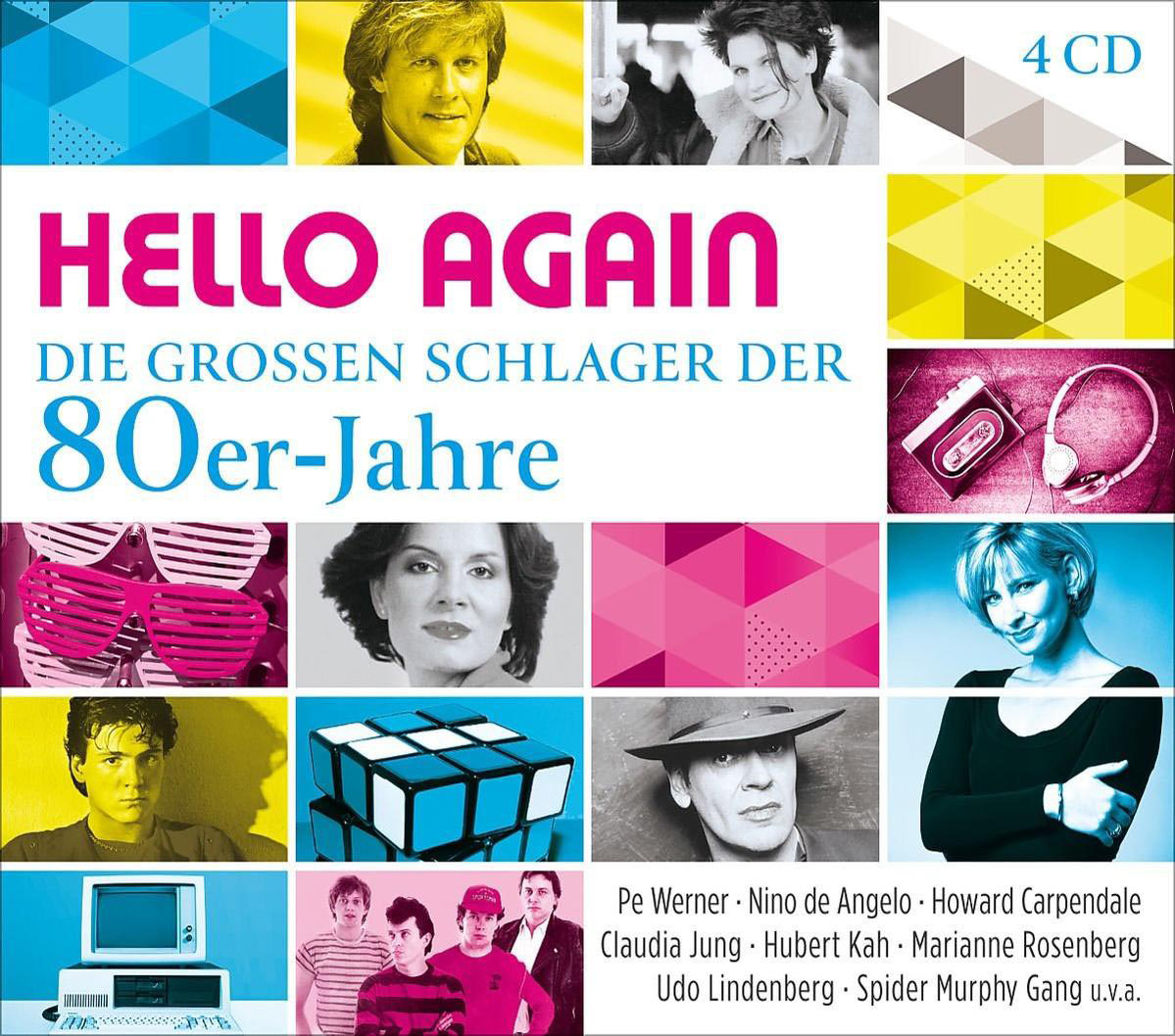 Albumcover-Collage: Verschiedene Bilder von Menschen und Objekten. Text: Hello Again, Die Grossen Schlager.