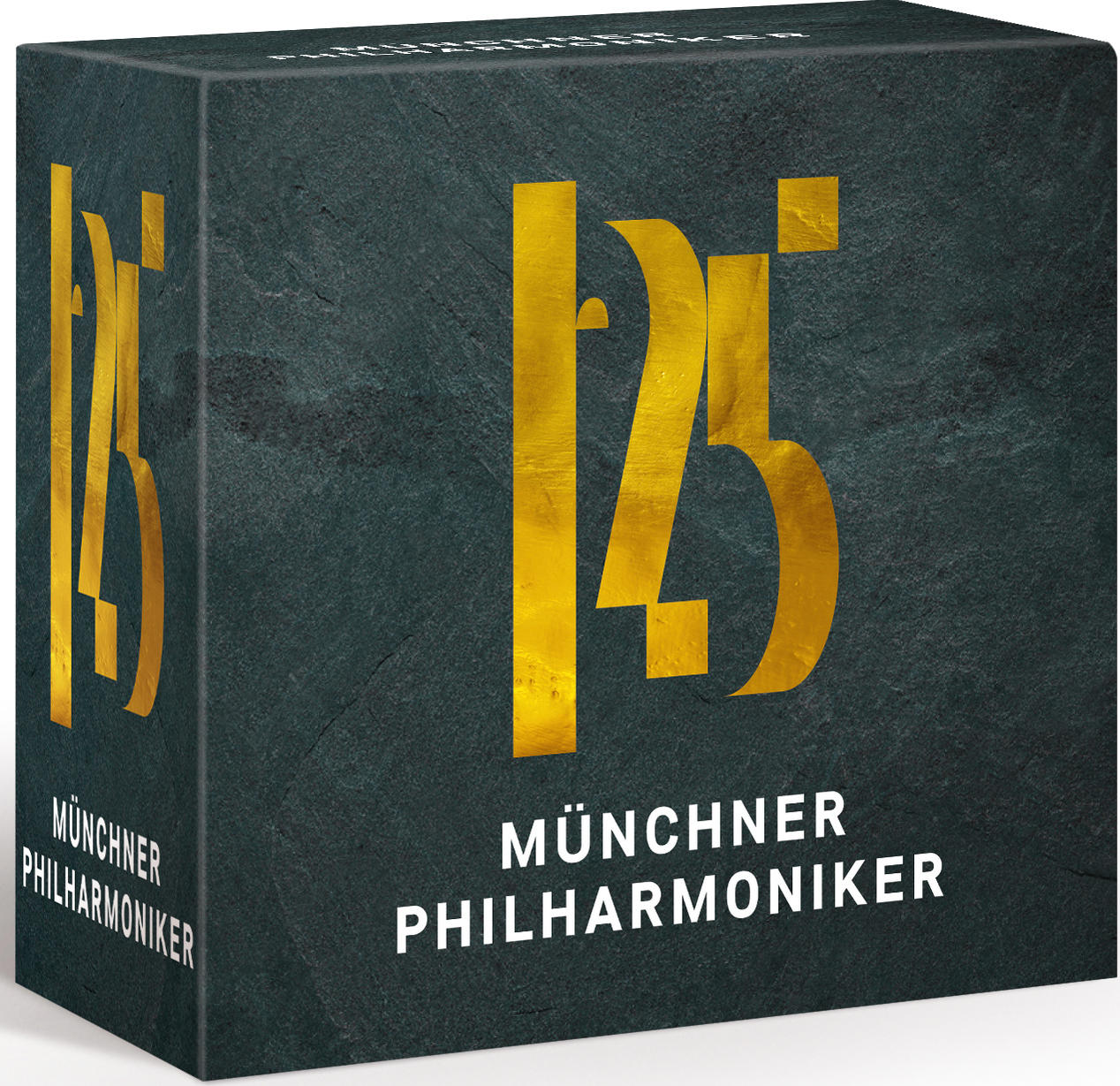 Box zum 125-jährigen Jubiläum der Münchner Philharmoniker, goldener Text auf dunkelgrau.