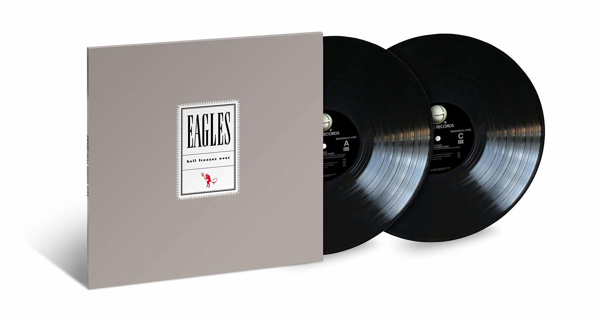 Eagles-Albumcover mit zwei schwarzen Schallplatten und einer grauen Box mit dem Namen.