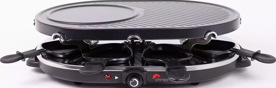 Schwarzer Raclette-Grill mit vier Pfannen, rundem Aufsatz und Temperaturregelung.