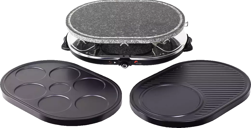 Raclette-Grill mit zwei verschiedenen Kochflächen und einem runden Oberteil. Silber- und Schwarzfarben.