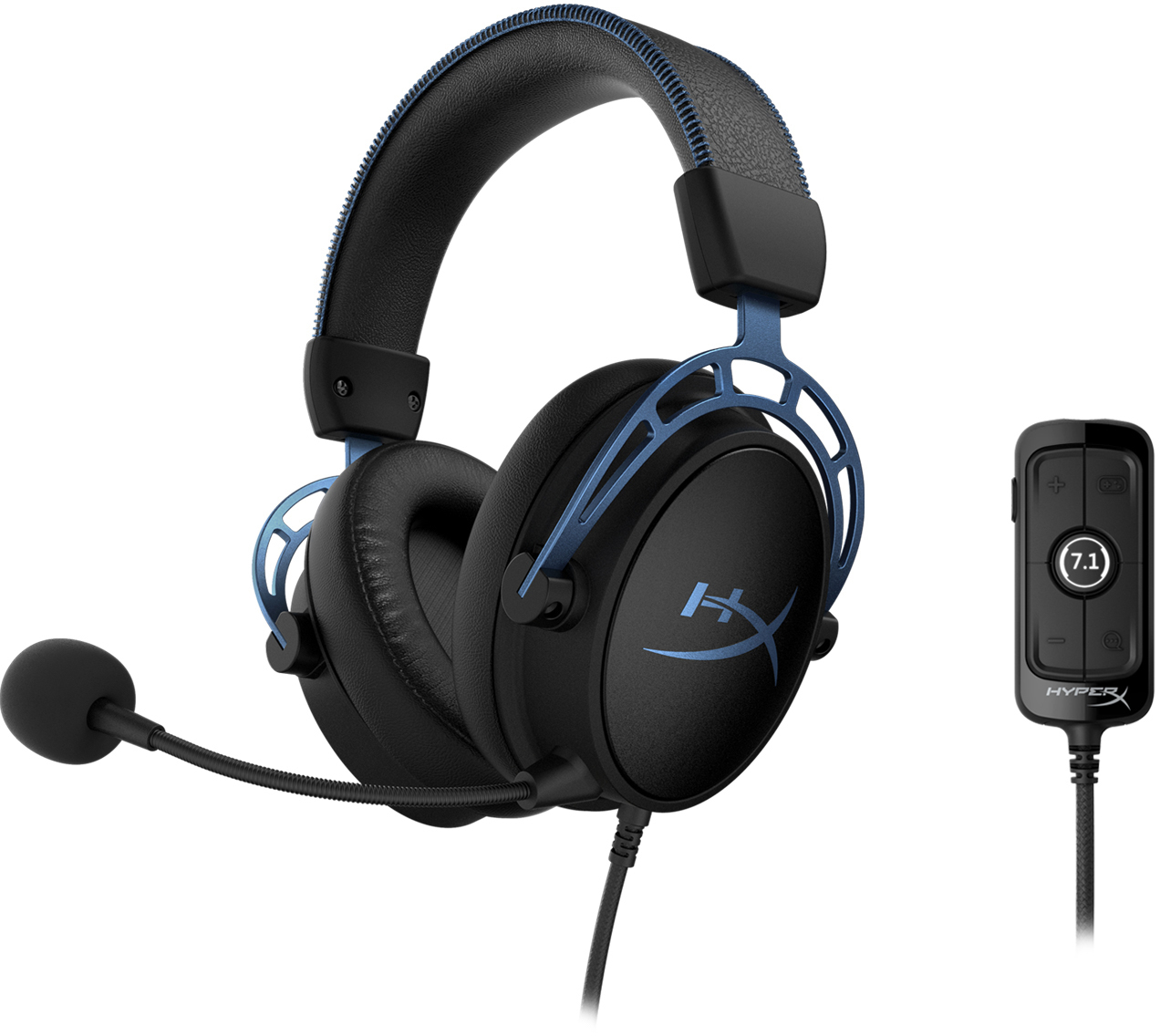 Schwarzes und blaues HyperX-Gaming-Headset mit Mikrofon und Bedienfeld.