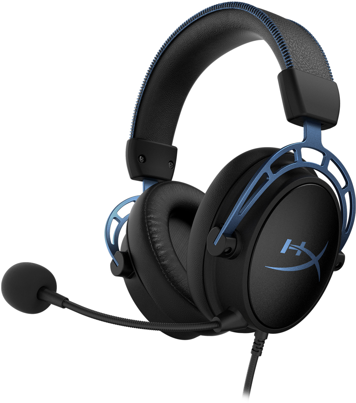 Schwarzes und blaues Gaming-Headset mit Mikrofon. Es hat das HyperX-Logo auf der Ohrmuschel.