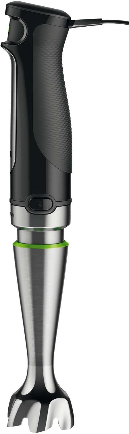 A black and silver hand blender with a green ring. It has a black handle and a metal base.