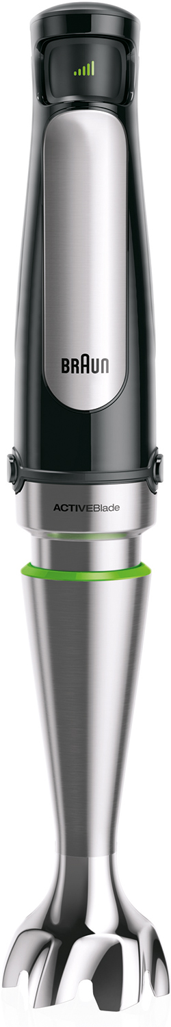 A black and silver Braun hand blender. It has a blade and a green ring.