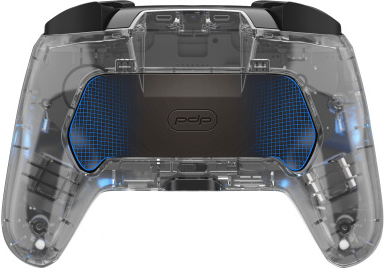 Controller di gioco trasparente con design a griglia blu sul retro. Ha un centro nero e pulsanti bianchi.