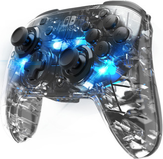 Controller Nintendo Switch trasparente con pulsanti e joystick neri, luci blu.