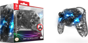 Due immagini di un controller trasparente per un Switch, con la scatola.