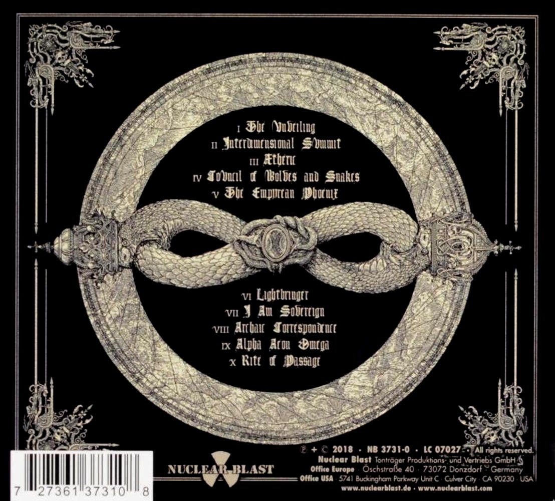 Album hátlapja absztrakt dizájnnal és számlistával, Nuclear Blast logóval.