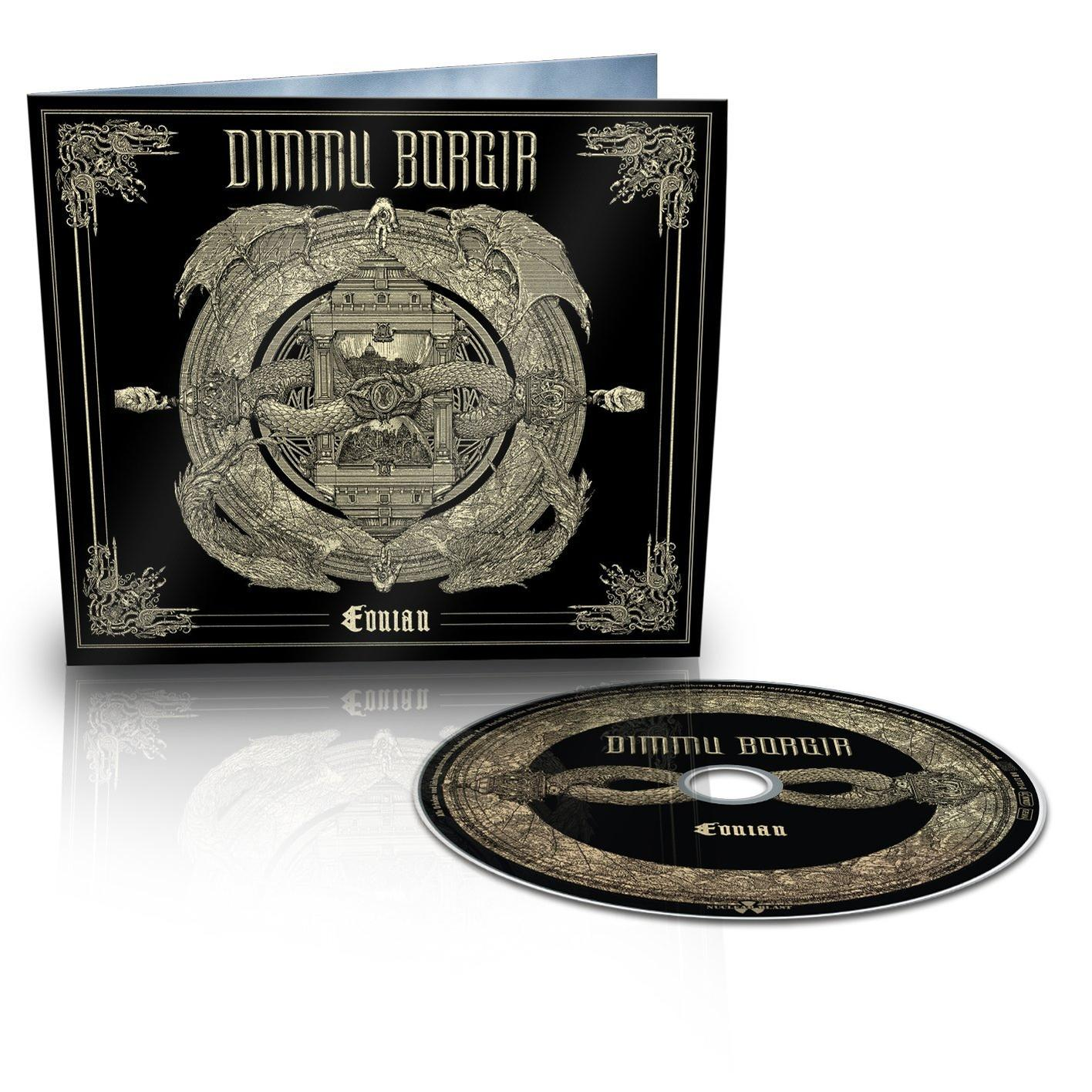 A Dimmu Borgir 'Eonian' című CD-jének tokja. Fekete borító díszes dizájnnal és CD-vel.