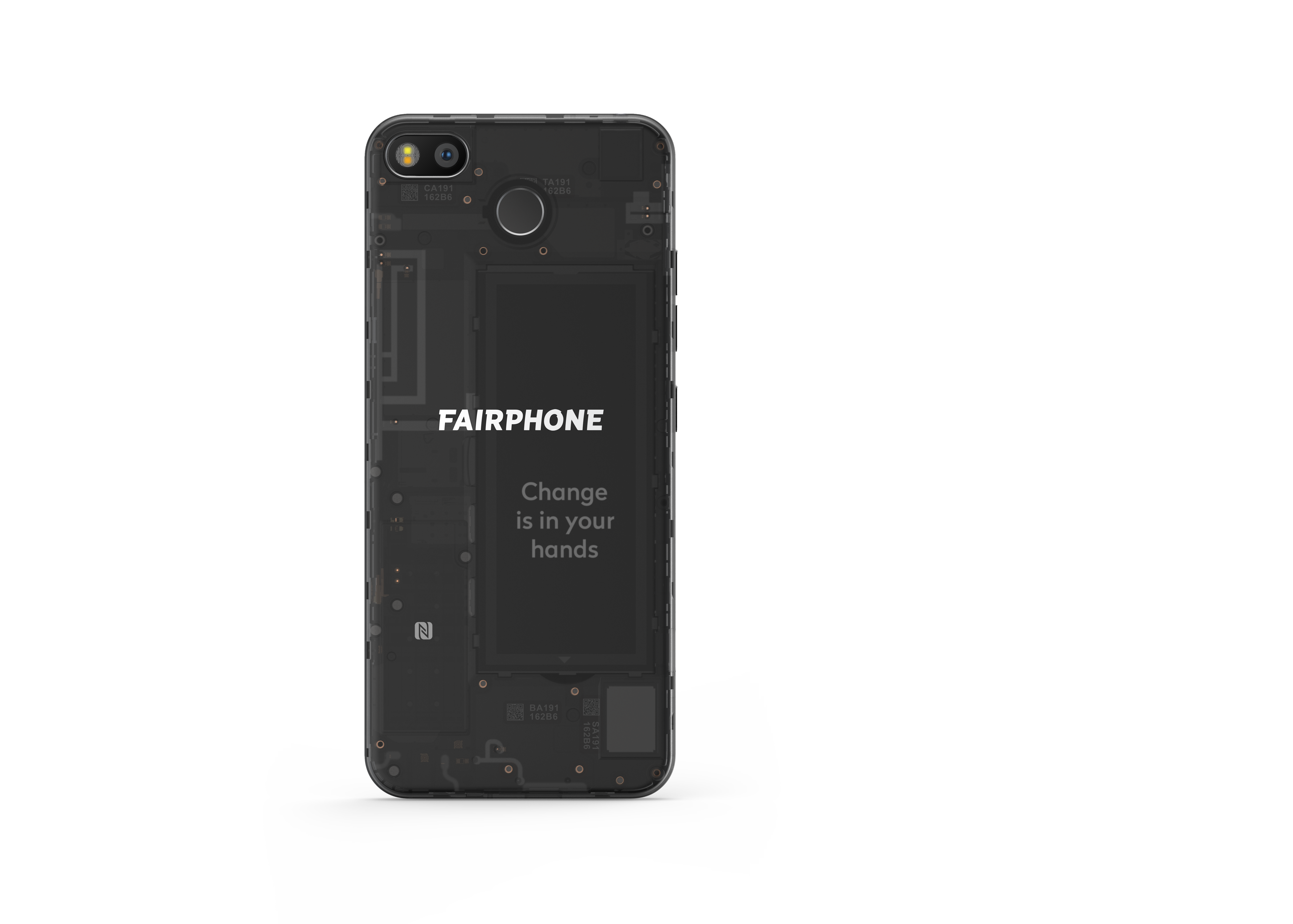 Transparentes Telefon mit sichtbaren internen Komponenten. Fairphone-Text wird angezeigt.