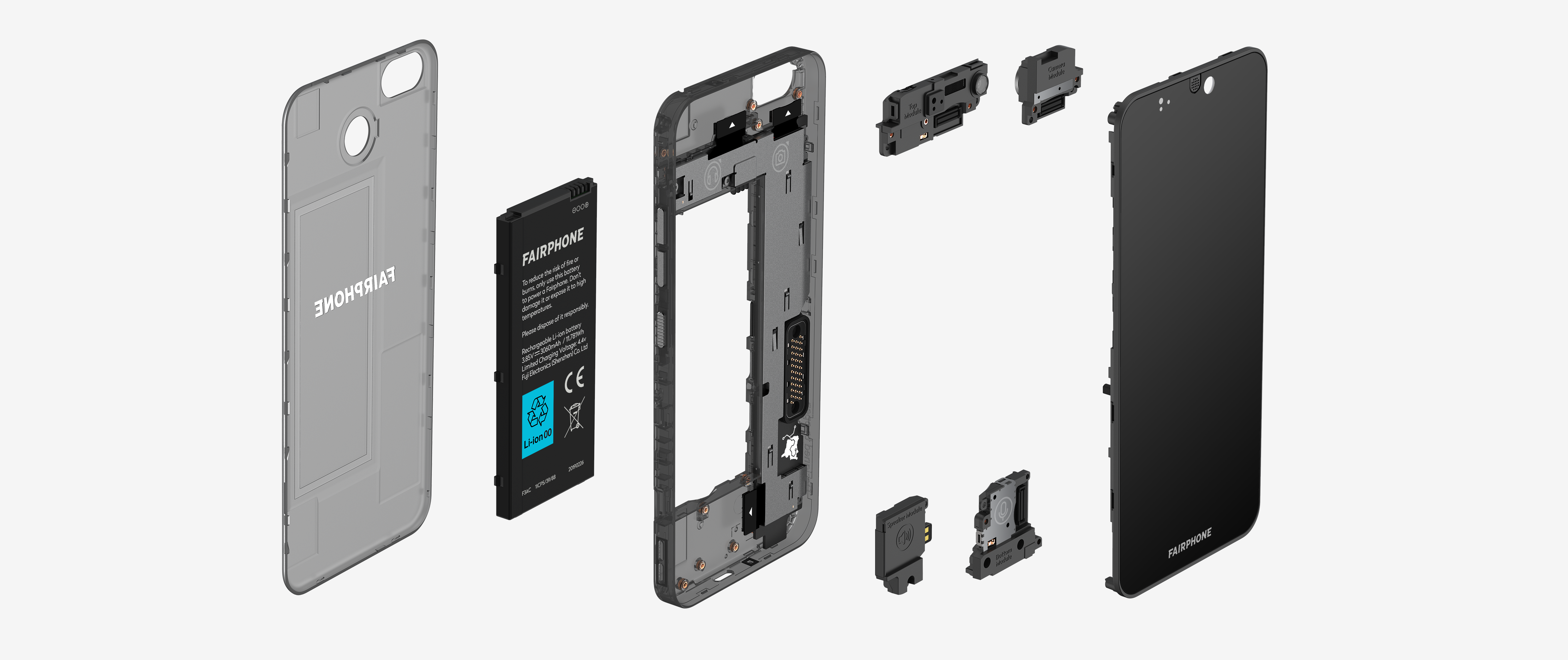 Explosionszeichnung eines Fairphone mit seinen Einzelteilen.