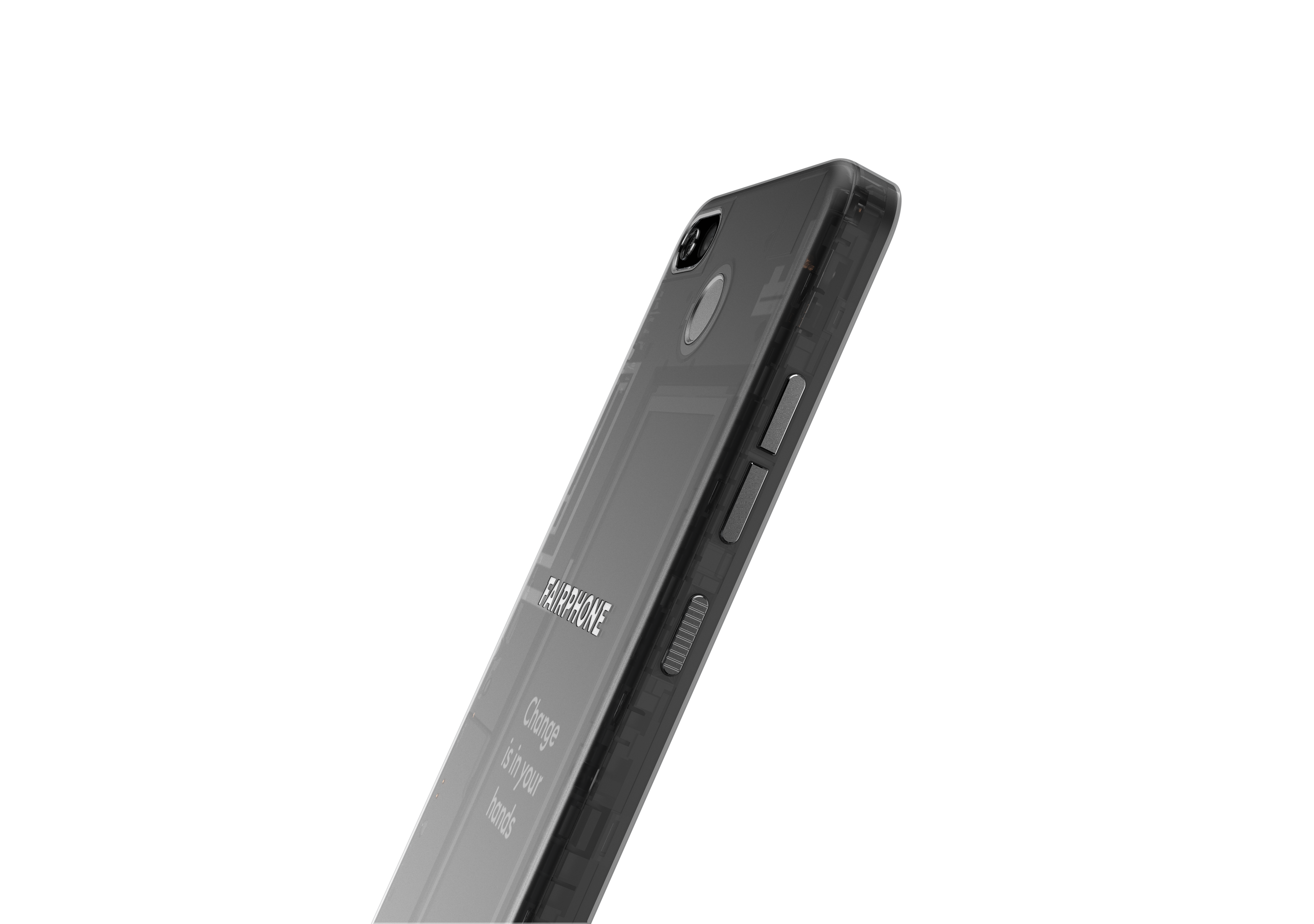 Schwarzes Fairphone-Smartphone mit transparentem Rücken, der interne Komponenten zeigt, schwarzer Hintergrund.