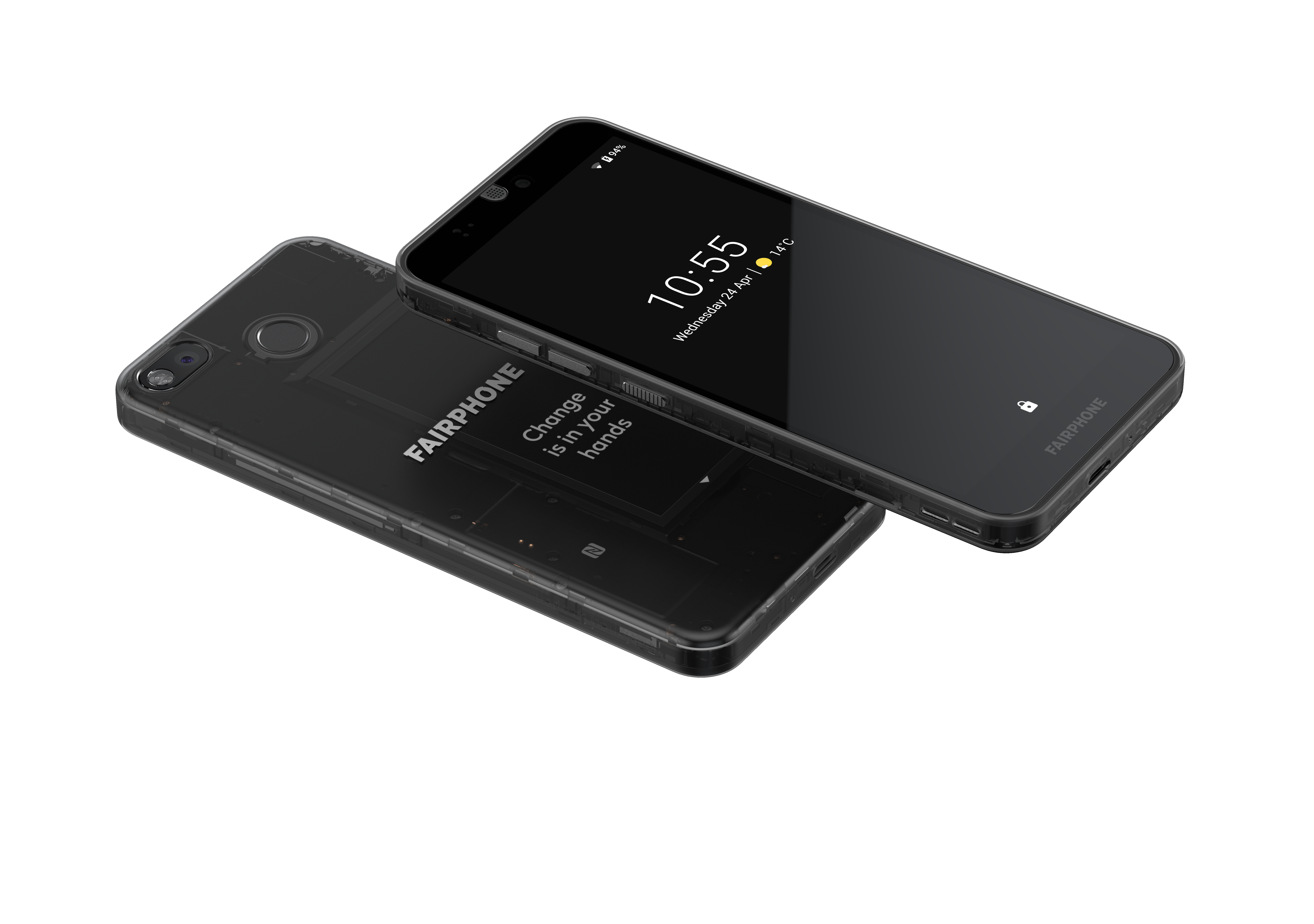 Zwei Smartphones. Eines zeigt einen Bildschirm mit Uhrzeit. Das andere ist transparent und zeigt Innenteile.