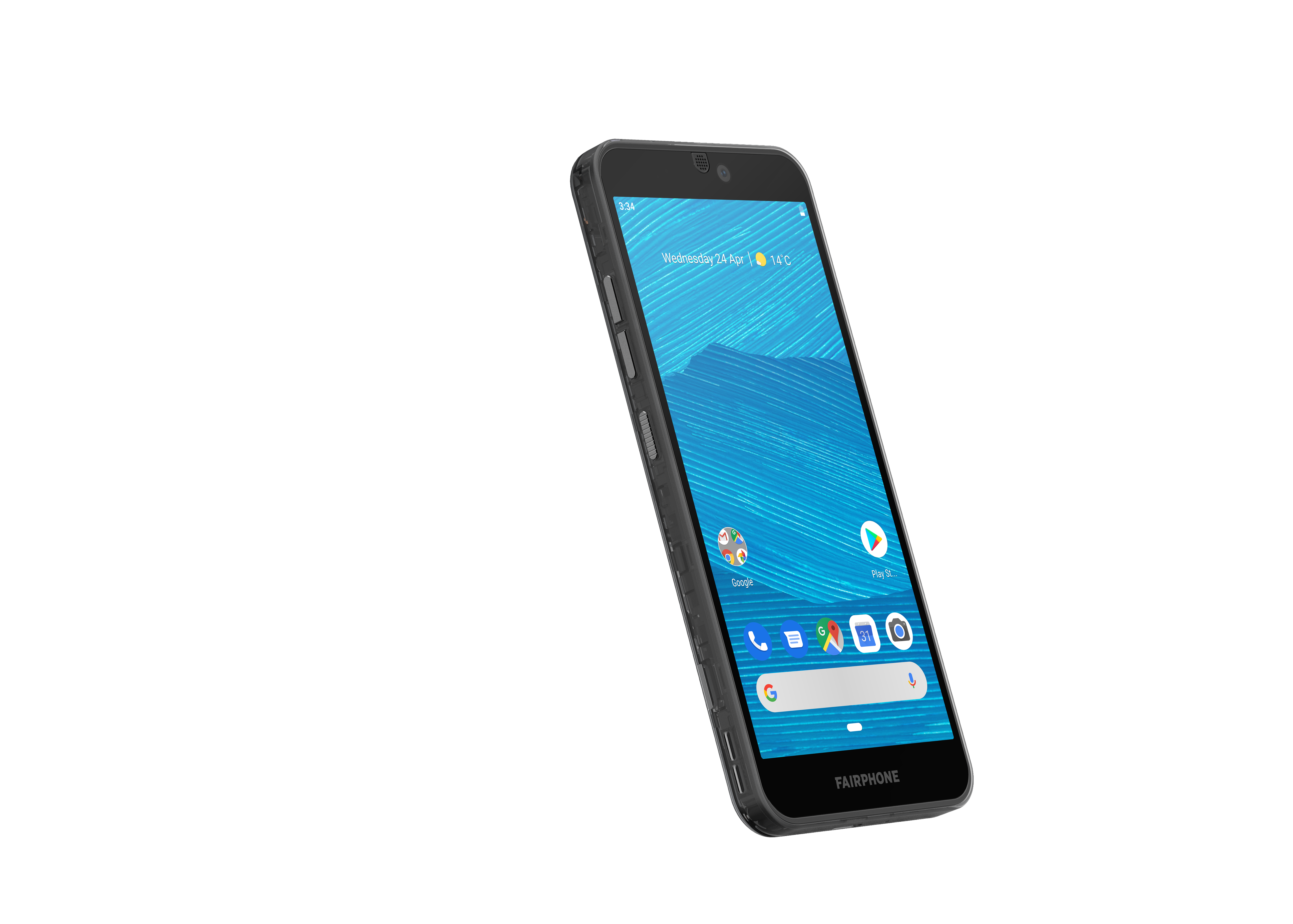 Fairphone-Smartphone, schwarzer Rahmen, zeigt ein blaues Wasserbild.