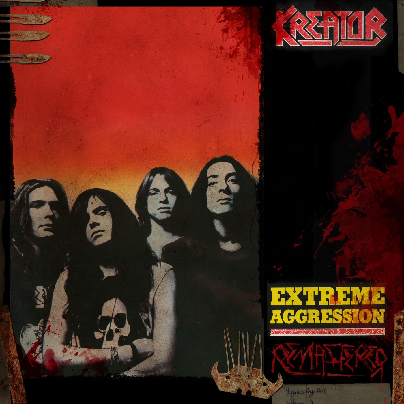 Albumcover von Kreator, mit vier Männern und den Worten "Extreme Aggression", roter Hintergrund.