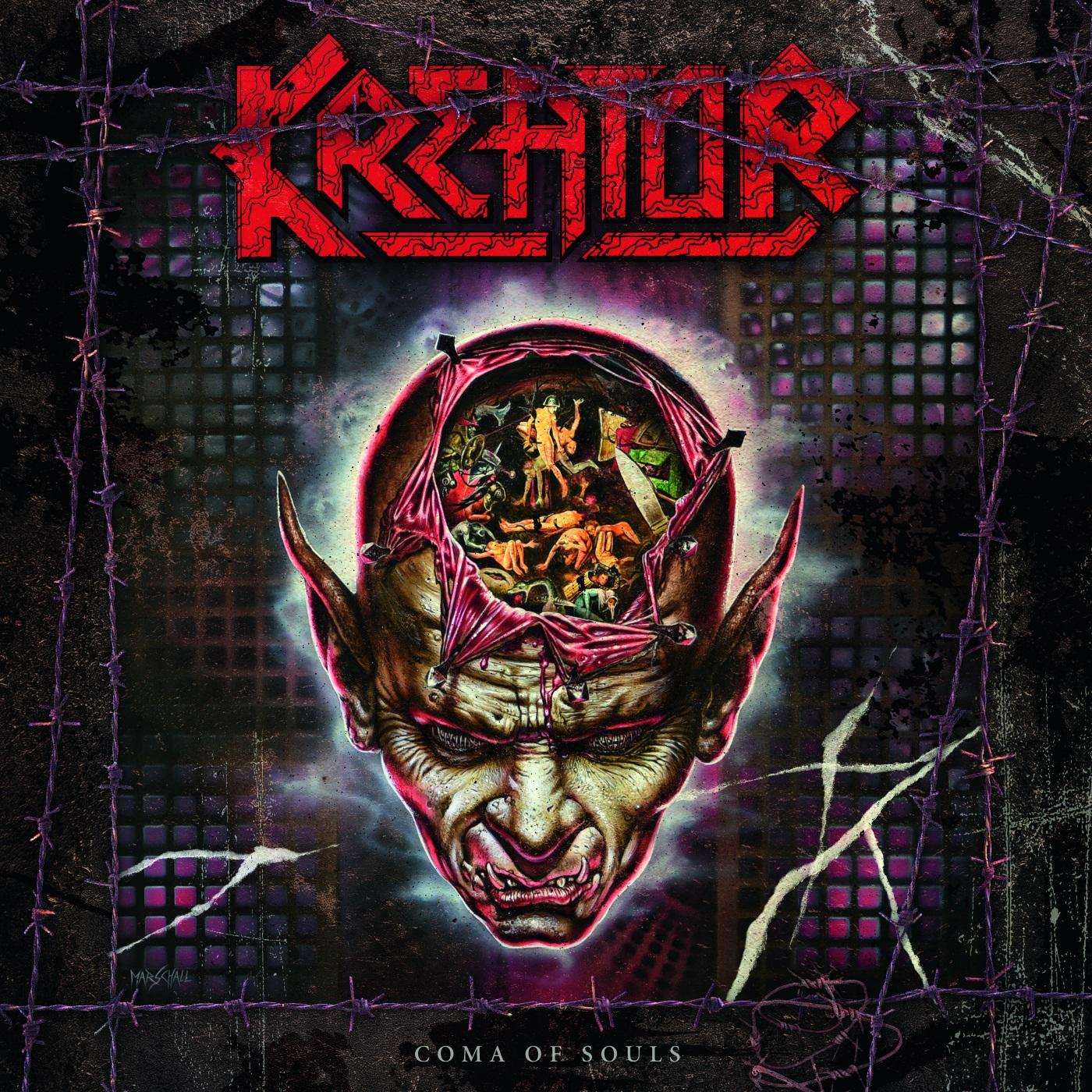 Kreator Albumcover: ein dämonisches Gesicht mit offenem Kopf, in einer Menschenmenge und Stacheldraht.