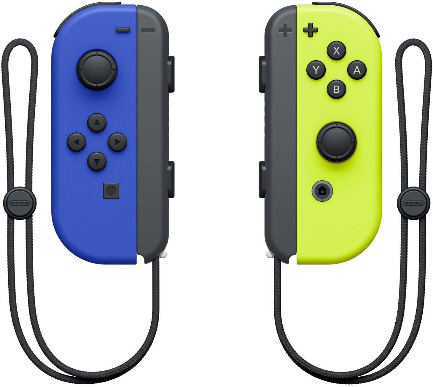 Deux manettes Joy-Con Nintendo Switch : une bleue, une jaune néon. Sangles et boutons noirs visibles.