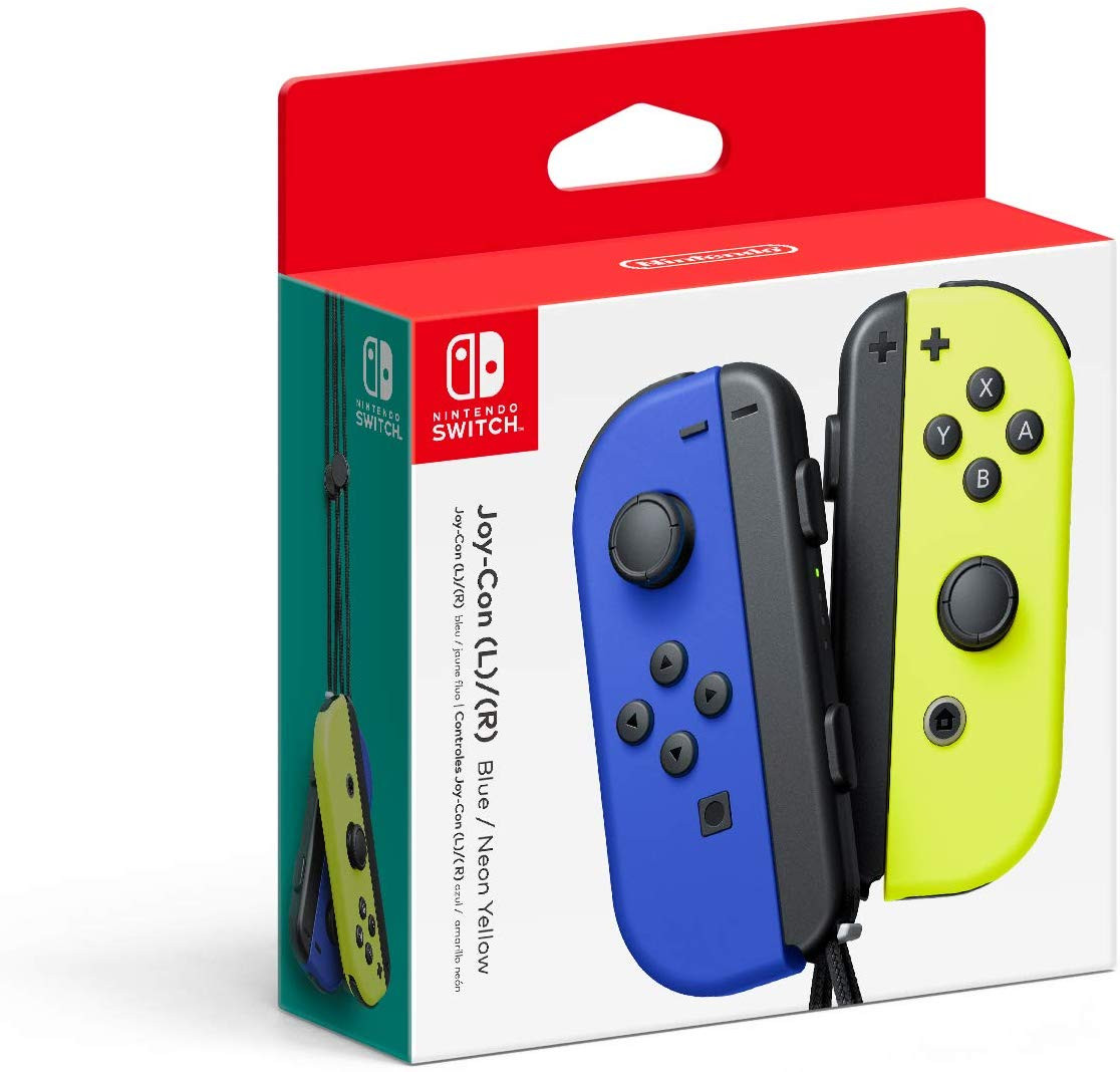 Une nouvelle boîte de manette Joy-Con (L)/(R) Nintendo Switch en bleu et jaune néon.