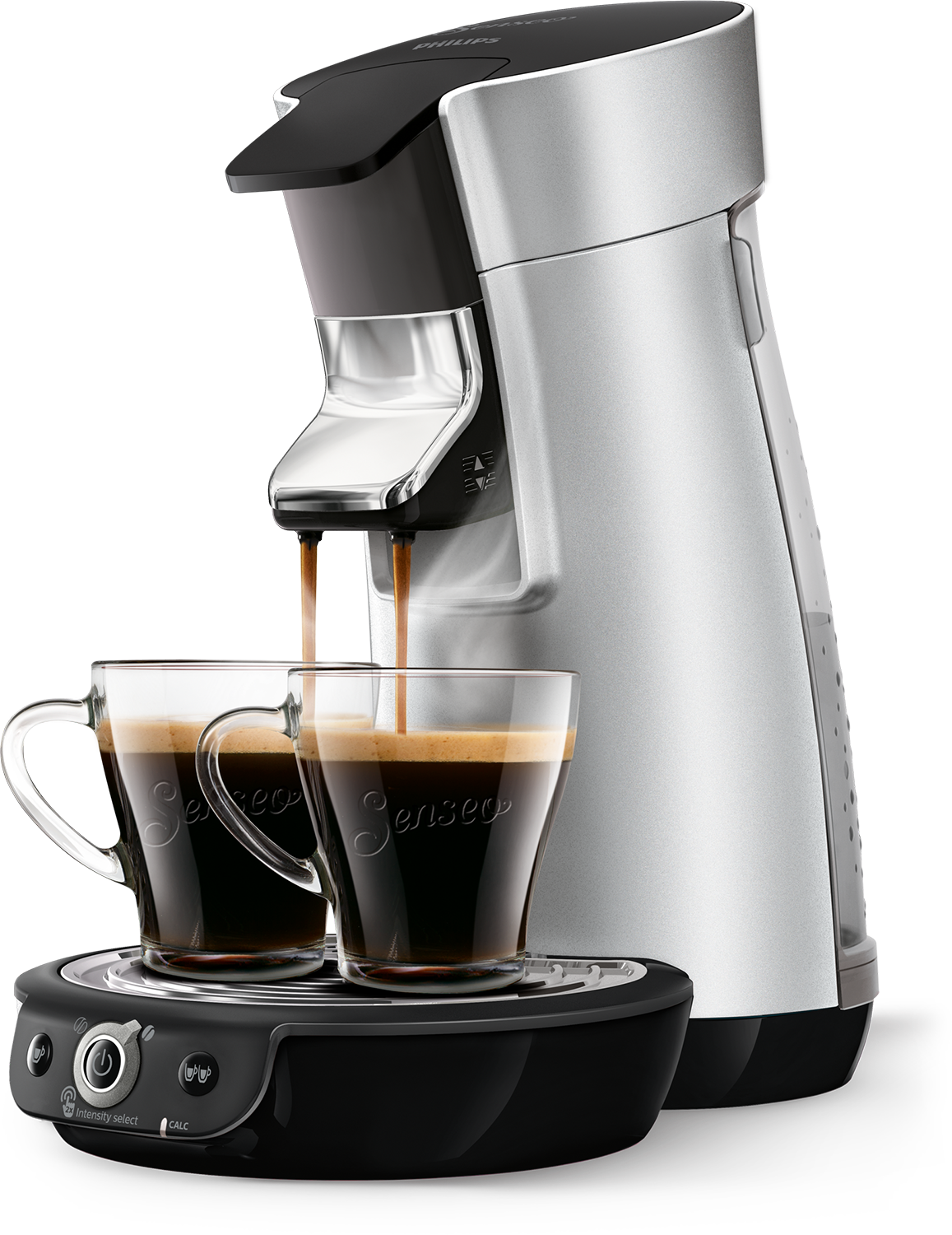 Zilverzwarte Senseo koffiemachine. Twee glazen vullen zich met koffie. Zwarte basis met knoppen.