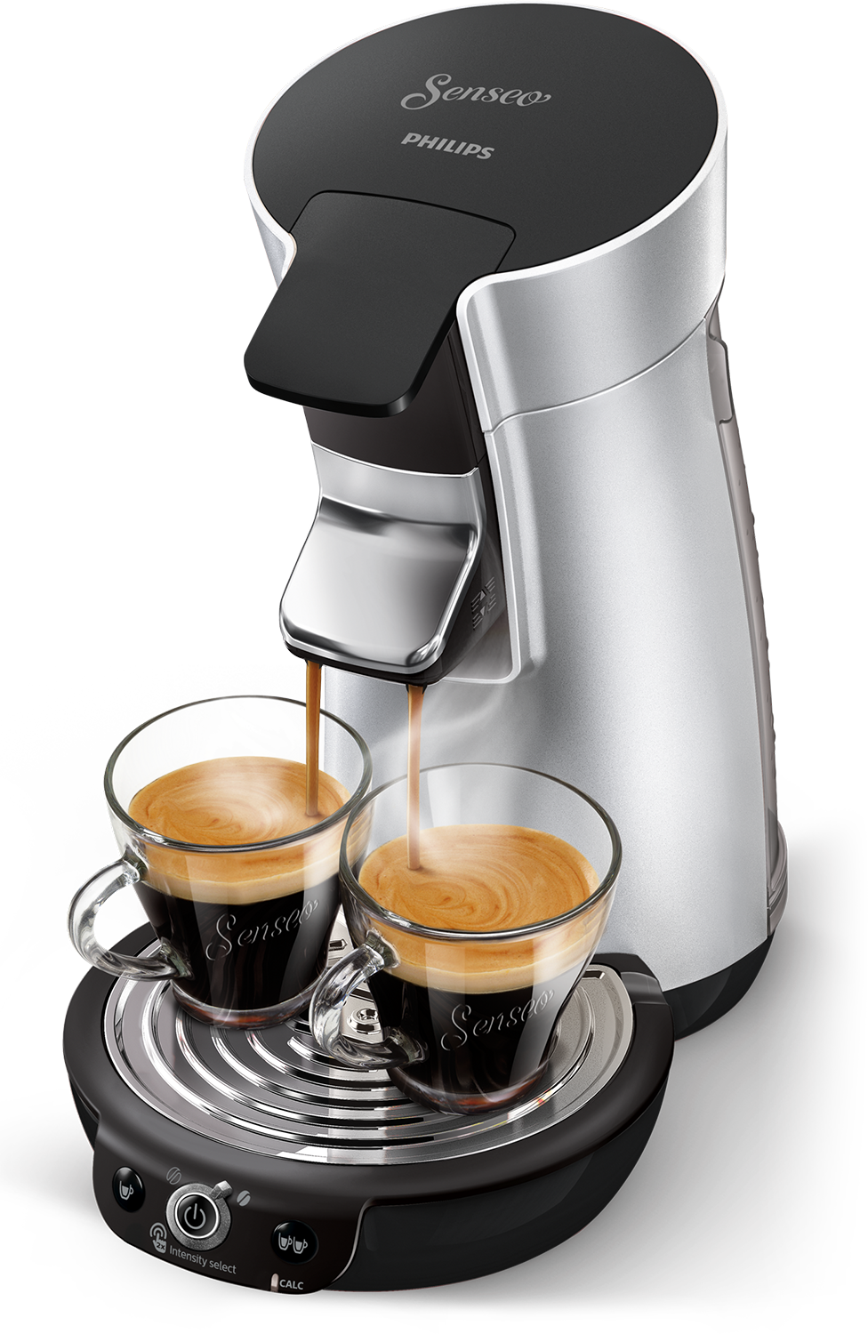 Zilveren en zwarte Philips Senseo koffiemachine. Twee kopjes zijn gevuld met koffie.