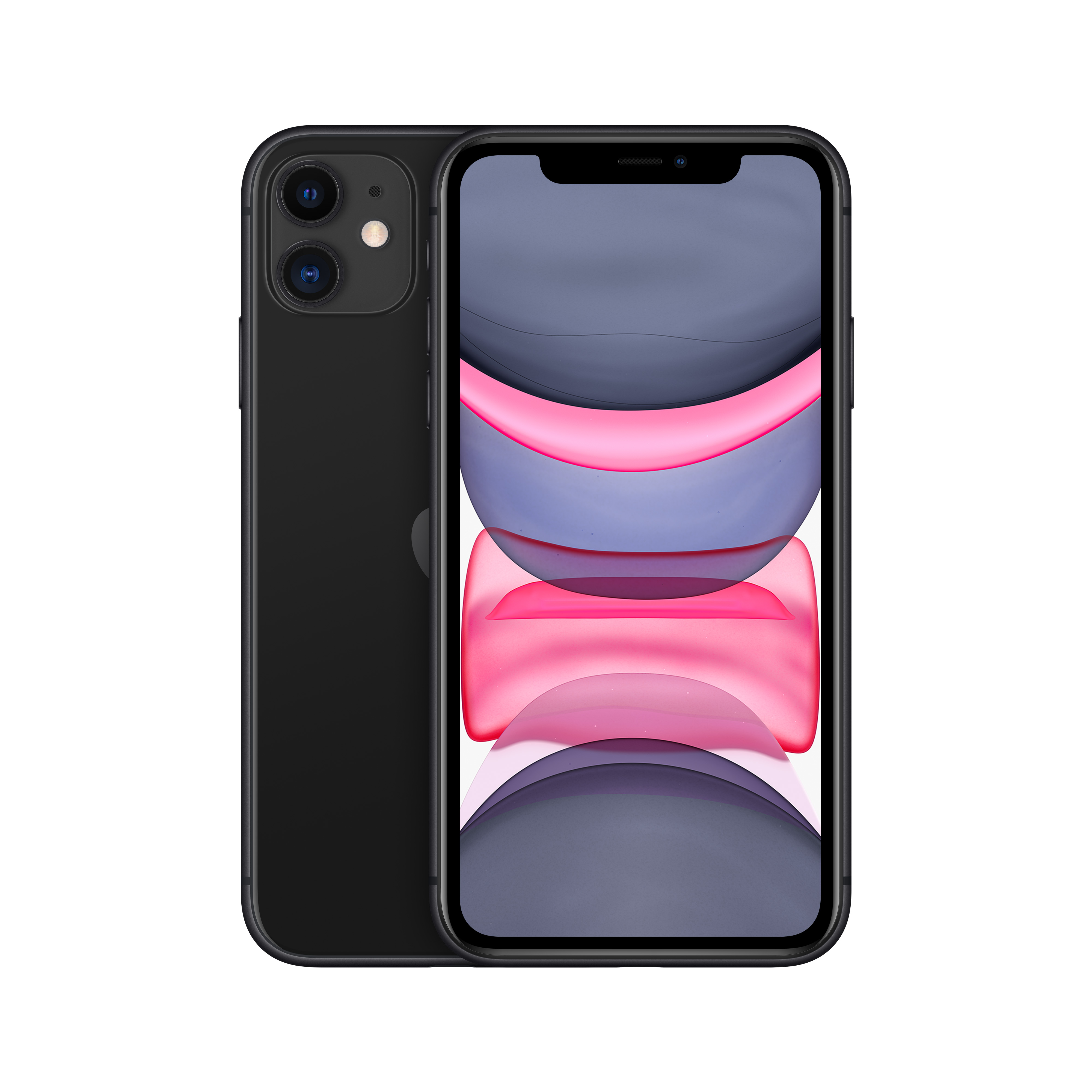 Siyah iPhone 11, ön ve arka görünüm. Ekran pembe ve gri şekiller gösteriyor.